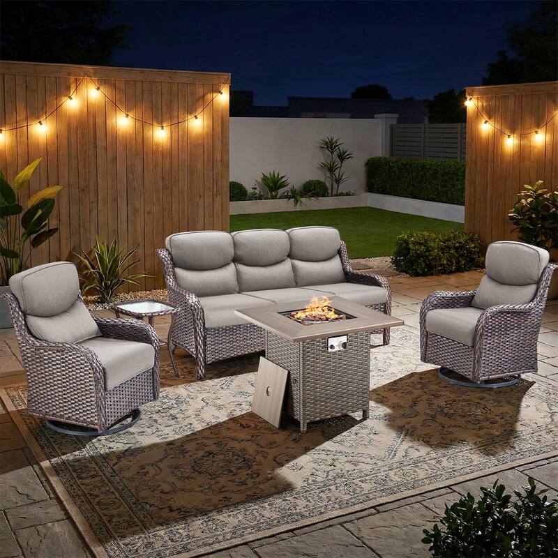 Pocassy Outdoor Propane Fire Pit Table with Sofa Swivel Chair Funiture Set. - Brown Wicker Gray Cushion - 5-Piece Sofa Swivel Chair Table w/ Fie Pit Table