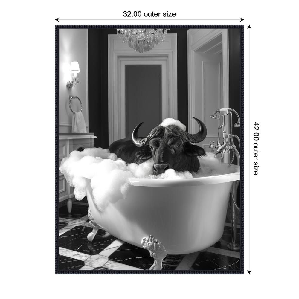 Curious Buffalo In the Tub by Niky Rahner Framed Canvas Wall Art