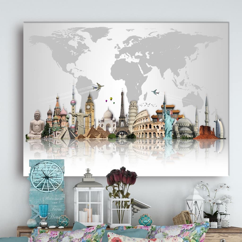Famous Monuments Across World - Art Canvas Print - Grey