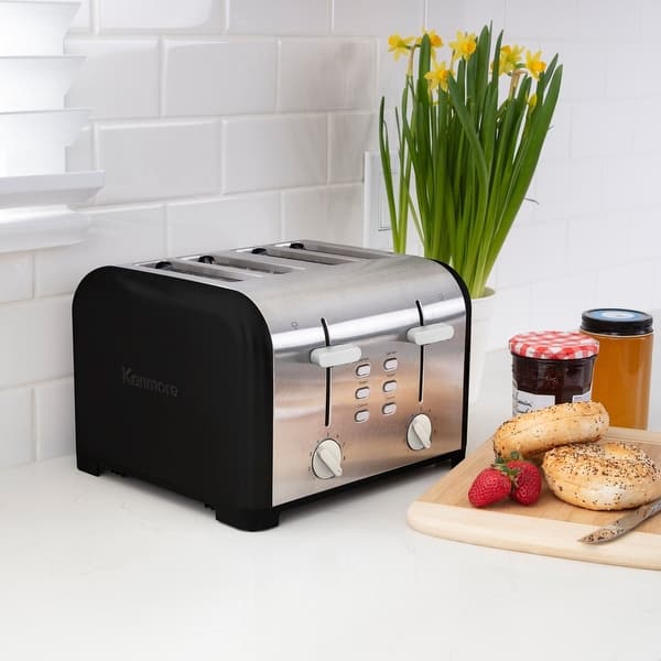 Kenmore 4Slice Black Stainless Steel Toaster, Dual Controls,Wide Slot