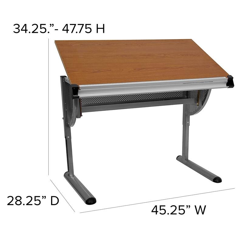 Adjustable Drawing and Drafting Table with Pewter Frame and Lower Supply Tray - 45.25"W x 28.25"D x 34.25" - 47.75"H