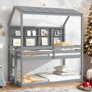 Contemporary Twin House Loft Bed with Guardrails, Semi-enclosed Roof, Bedside Shelves and Ladder, Low Height Design, White