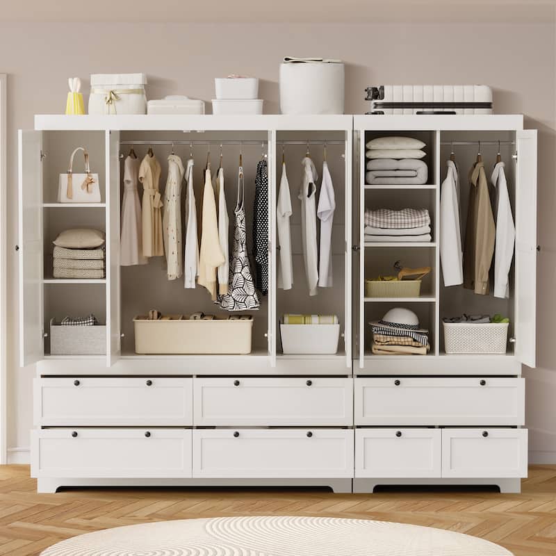 Pocassy 71" H Wardrobe Closet with Drawers with Doors and Storage - White-6 Doors with 7 Drawers