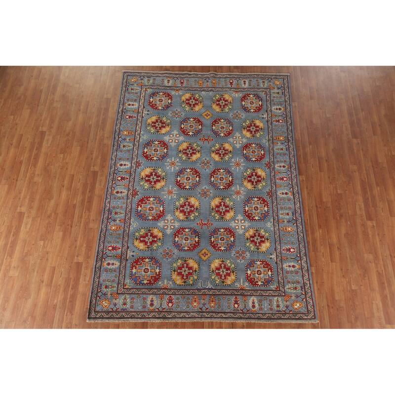 Hand Knotted Oriental 100% Wool Carpet Traditional All-Over Navy Blue & Blues Kazak Area Rug - 9' 8'' X 6' 9''