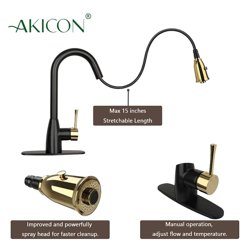 One-Handle Matte Black and Rose Gold Pull Down Kitchen Faucet with Deck Plate - 5 Years Warranty - 16x8.2