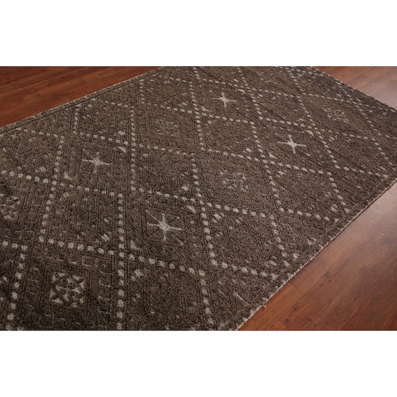 Brown Geometric Moroccan Oriental Area Rug Handmade Wool Carpet - 5'0" x 8'2"