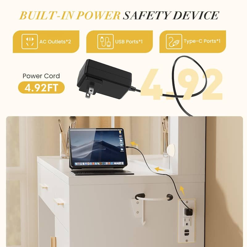 Rossetta Lighting Makeup Vanity Table with Side Hook and Power Outlets