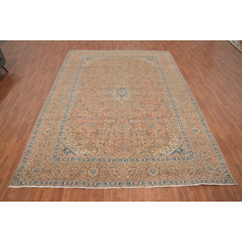 Hand Knotted Oriental 100% Wool Carpet Traditional Floral Pink Mashad Area Rug - 13' 1'' X 9' 8''