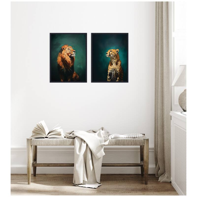 Kate and Laurel Twlight Lion and Cheetah 2 Piece Framed Canvas Wall Art Set by The Creative Bunch Studio