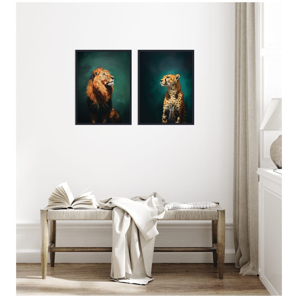 Kate and Laurel Twlight Lion and Cheetah 2 Piece Framed Canvas Wall Art Set by The Creative Bunch Studio