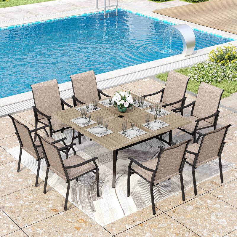 MAISON ARTS 9-Piece Patio Dining Set, 60 Inch Square Metal Table and 8 Textilene Fabric Padded Armchairs - Brown Table