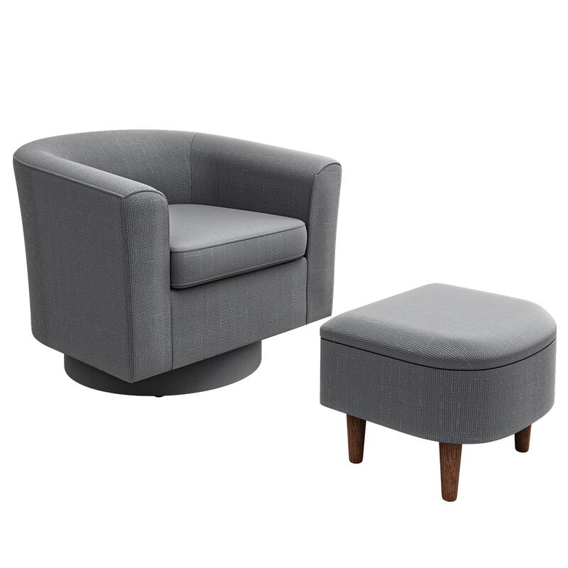 Swivel Barrel Chair & Ottoman with Storage - Upholstered Accent Chair for Living Room Bedroom Office - Dark Grey