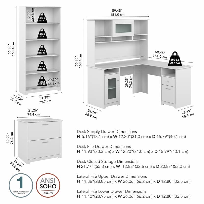 Cabot 60W L-Desk with Hutch, Cabinet and Bookcase by Bush Furniture