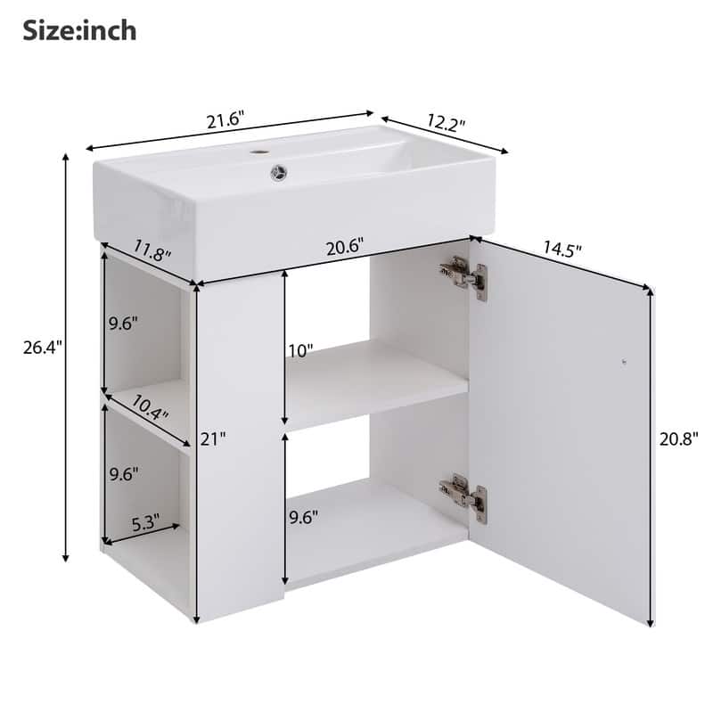 21.6" Floating Bathroom Vanity with Ceramic Basin ,Left Side Storage