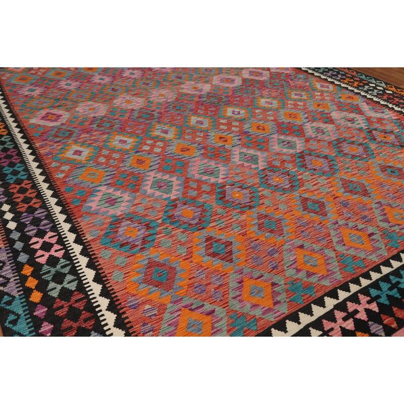Kilim Area Rug Hand-Woven Geometric Wool Carpet - 10'4" x 13'2"