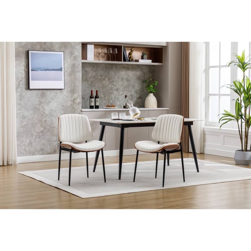 Dining Chairs Set of 2, Mid Century Modern Retro Faux Leather Chairs, Kitchen Upholstered Seat Chairs, Adjustable Foot Chairs - White PU
