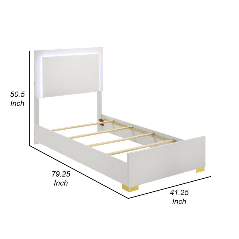 Dex Twin Size Bed with LED Framed Headboard, White Wood Finish, Gold Legs