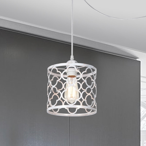 Small White Plug in Swag Chandelier 1 Light Pendant Light White with Gold Light