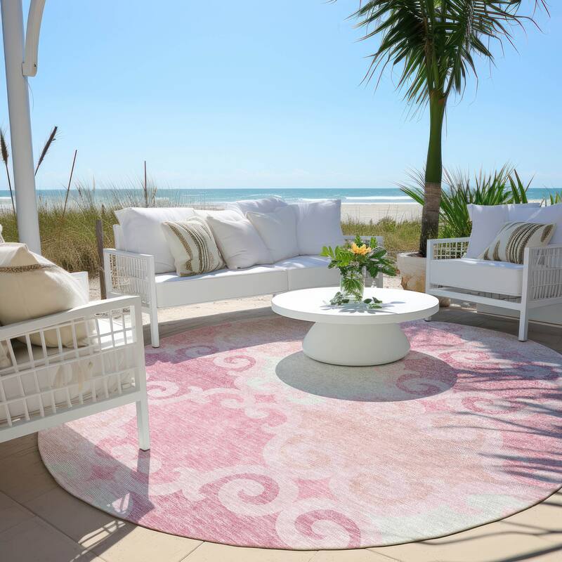 Machine Washable Indoor/ Outdoor Chantille Scroll Rug - Pink - 8' x 8'