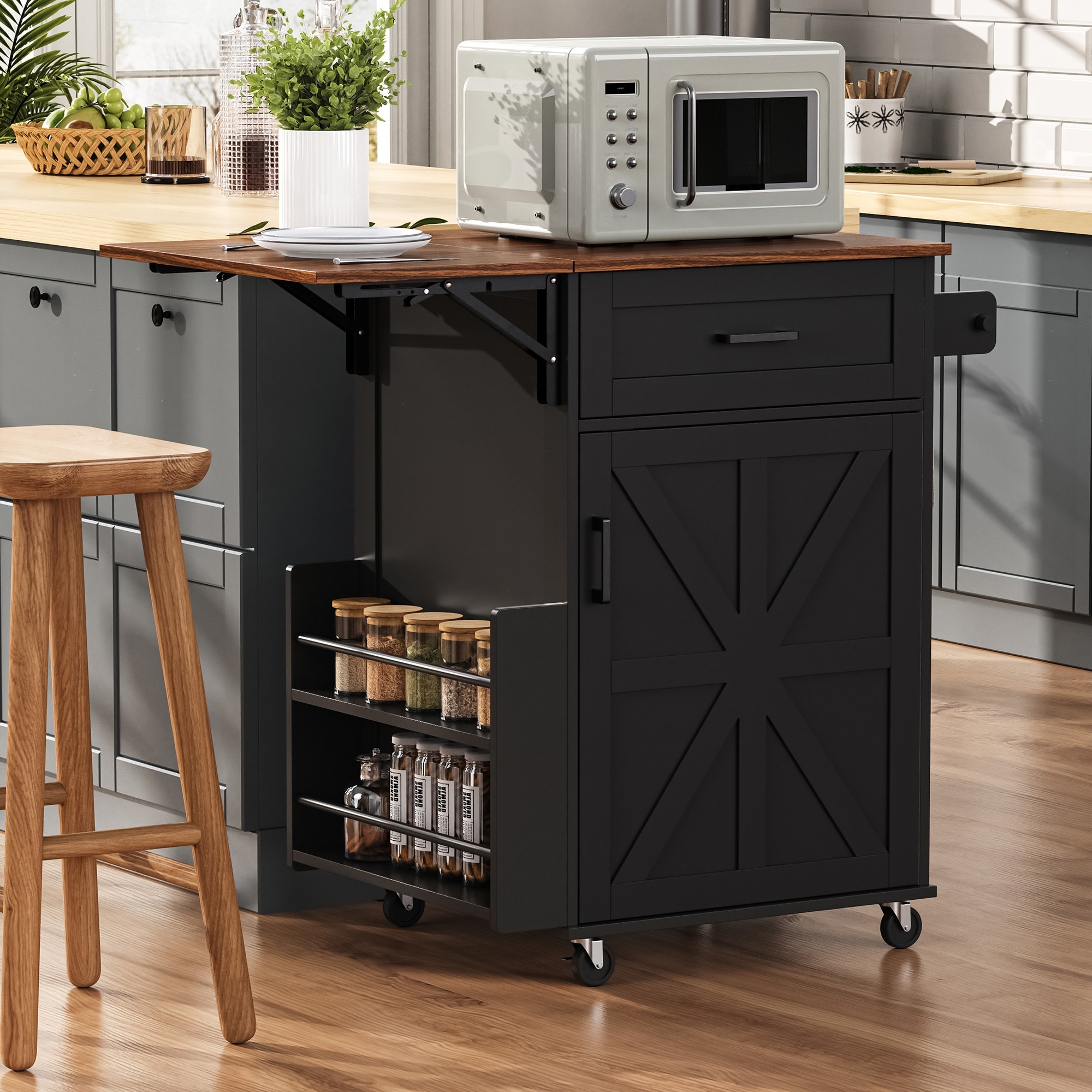 Rolling Kitchen Island with Drop Leaf & Adjustable Shelf, Mobile Kitchen Cart with Foldable Drop Leaf