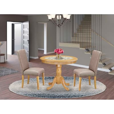 Medieval Round Dining Set - 3 Piece Table & Chair Set - Oak Finish - Dark Khaki Linen Fabric - Cozy Dining