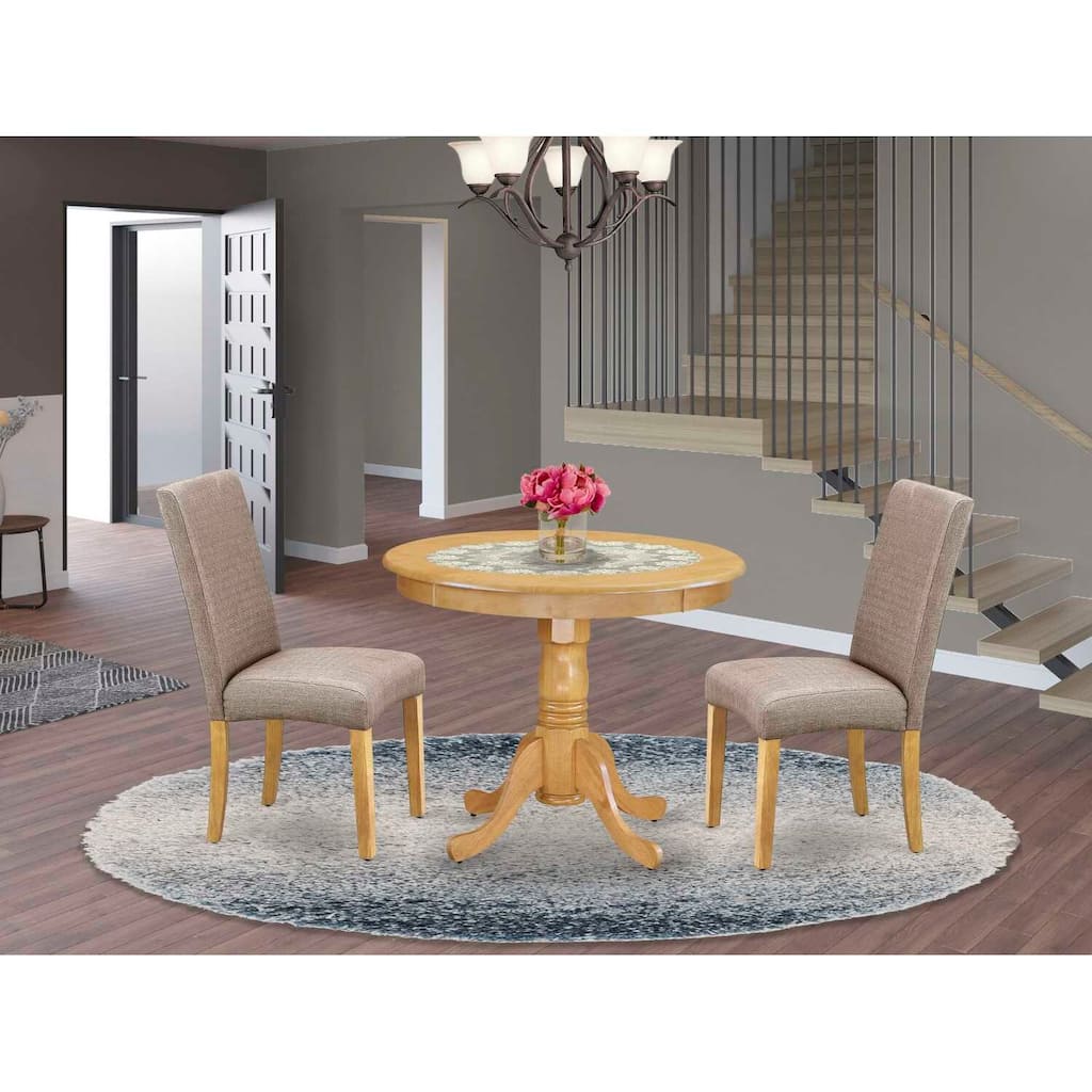 Medieval Round Dining Set - 3 Piece Table & Chair Set - Oak Finish - Dark Khaki Linen Fabric - Cozy Dining