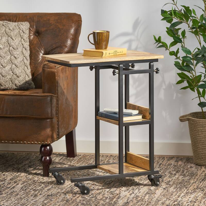 22" Modern C-shape End Table with Sleek Wood Top and Two Side Shelves for Living Room or Bedroom