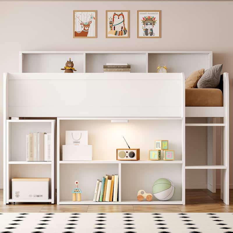 Full Size Wood Kids Loft Bed Frame with Pull-out Desk, Multiple Storage Bookshelf Built-in LED