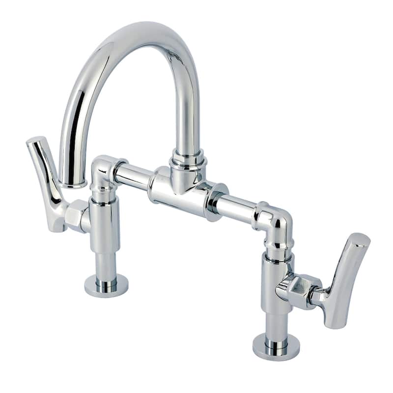 Kingston Brass Hallerbos Two-Handle 4-Hole Deck Mount Bridge Bathroom Faucet with Brass Pop-Up Drain - Polished Chrome