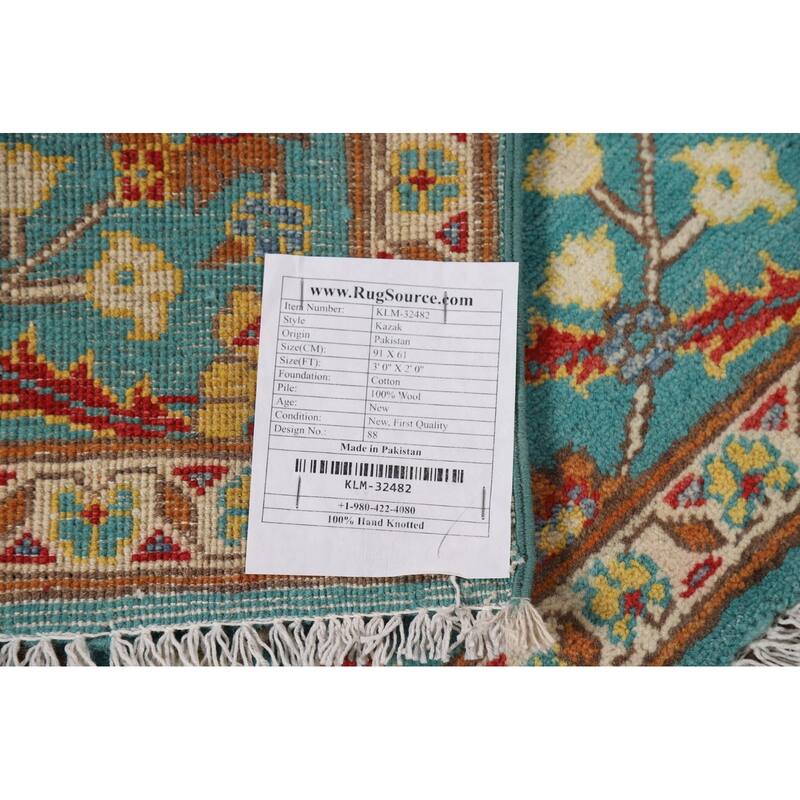 Turquoise Blue Kazak Oriental Foyer Rug Hand-Knotted Wool Carpet - 2'0" x 3'0"