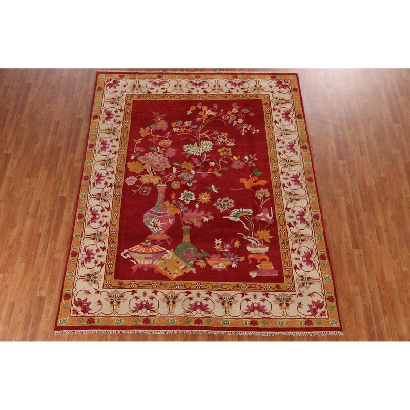 Red Floral Heriz Serapi Indian Area Rug Handmade Wool Carpet - 7'10" x 9'9"