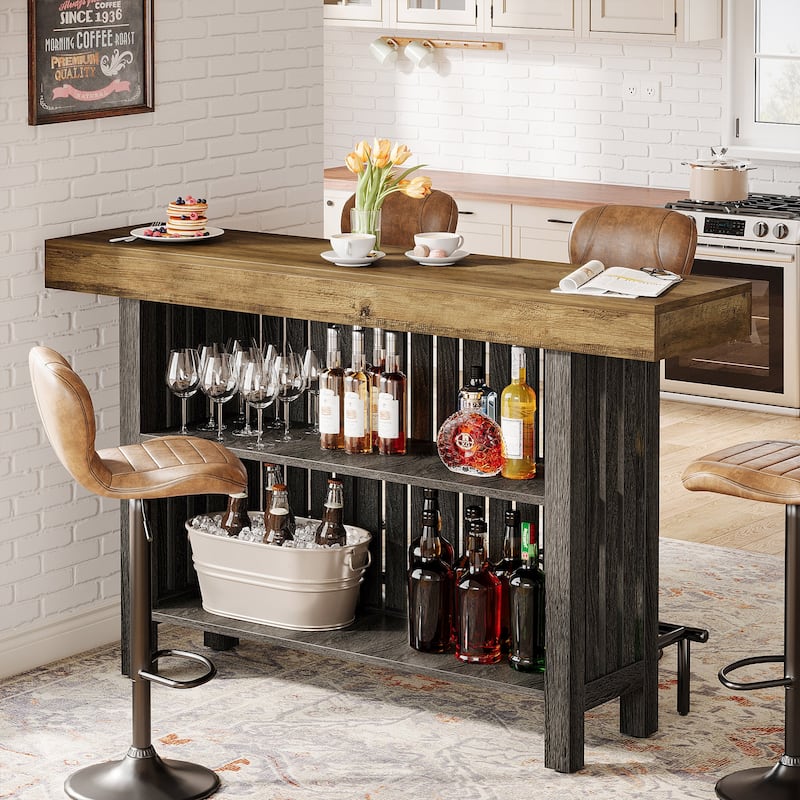 Home Bar Unit, Modern 2-Tier Bar Table with Footrest - 15.75"D x 62.99"W x 41.54"H