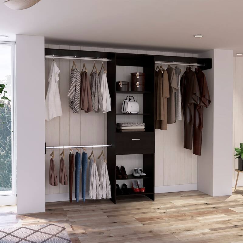 FM Furniture Cross Closet System with Drawer, 3 Metal Rods, and 5 Open Shelves - Black