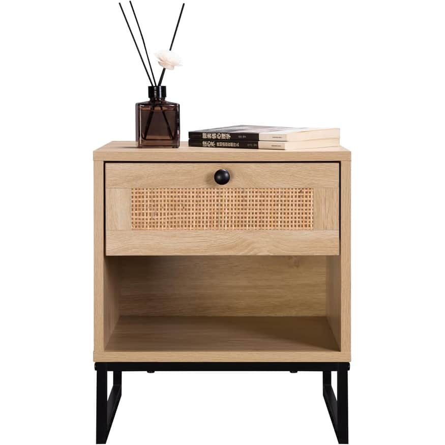 Birch Coastal Modern Side Table with Drawer Natural Wood Top with Black Metal Legs