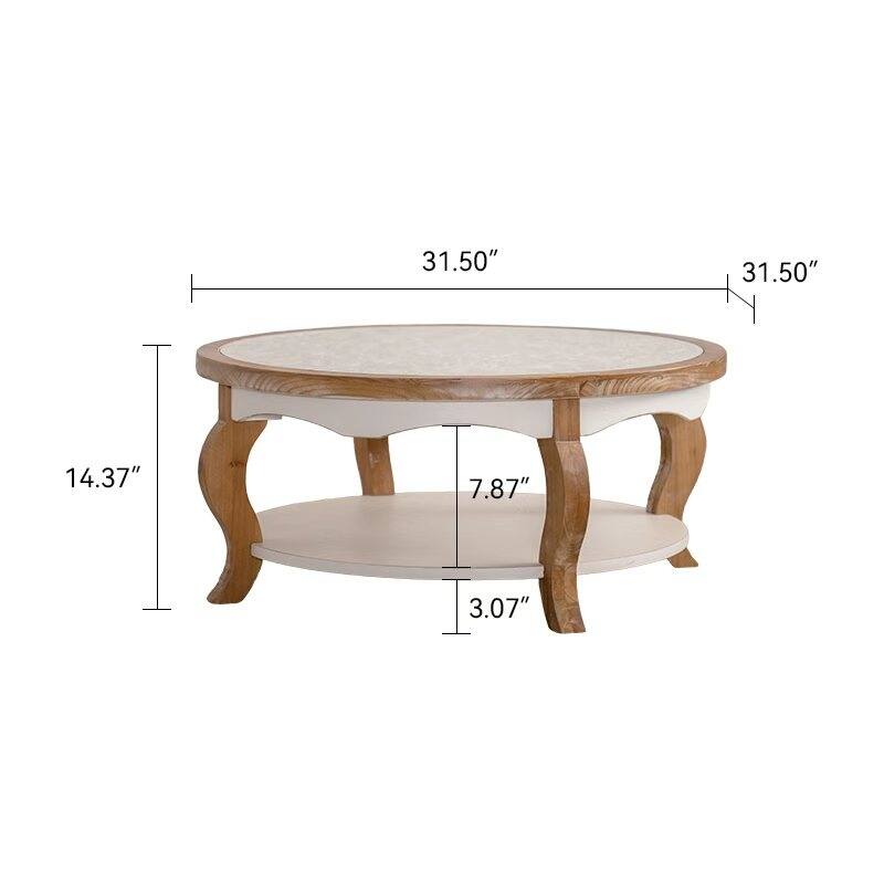 Round Wood Coffee Table with Glass Top, Solid Wooden Circle Center Table with Curved Legs & Removeable Tempered Glass top