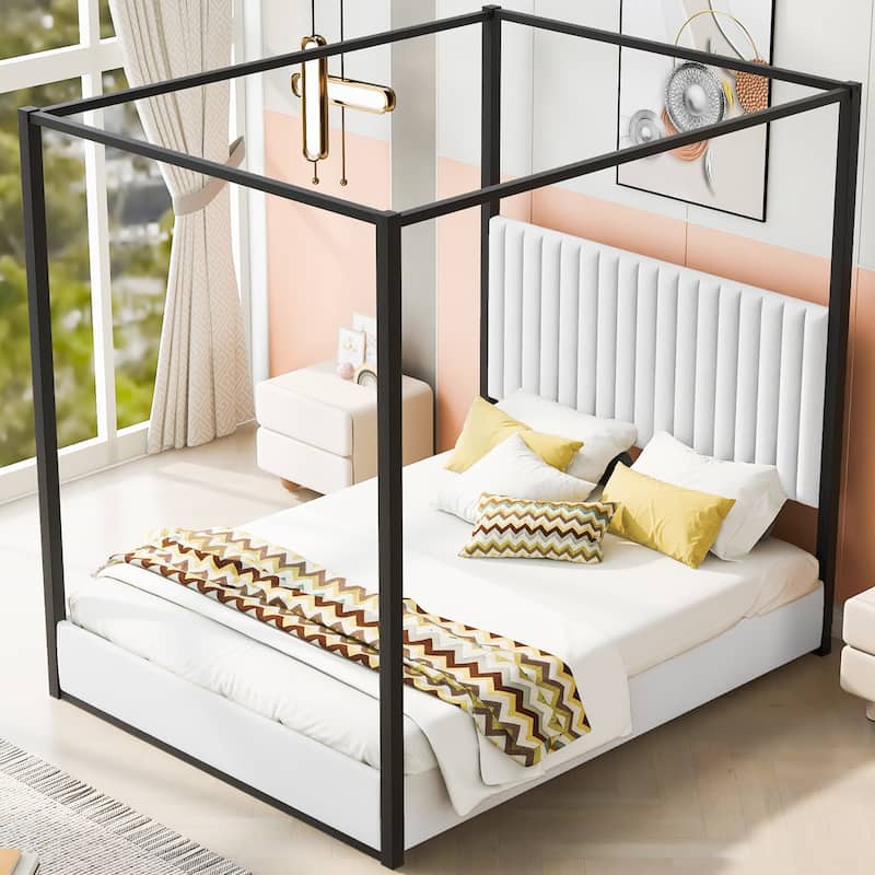 Upholstery Metal Frame Canopy Platform Bed with Headboard