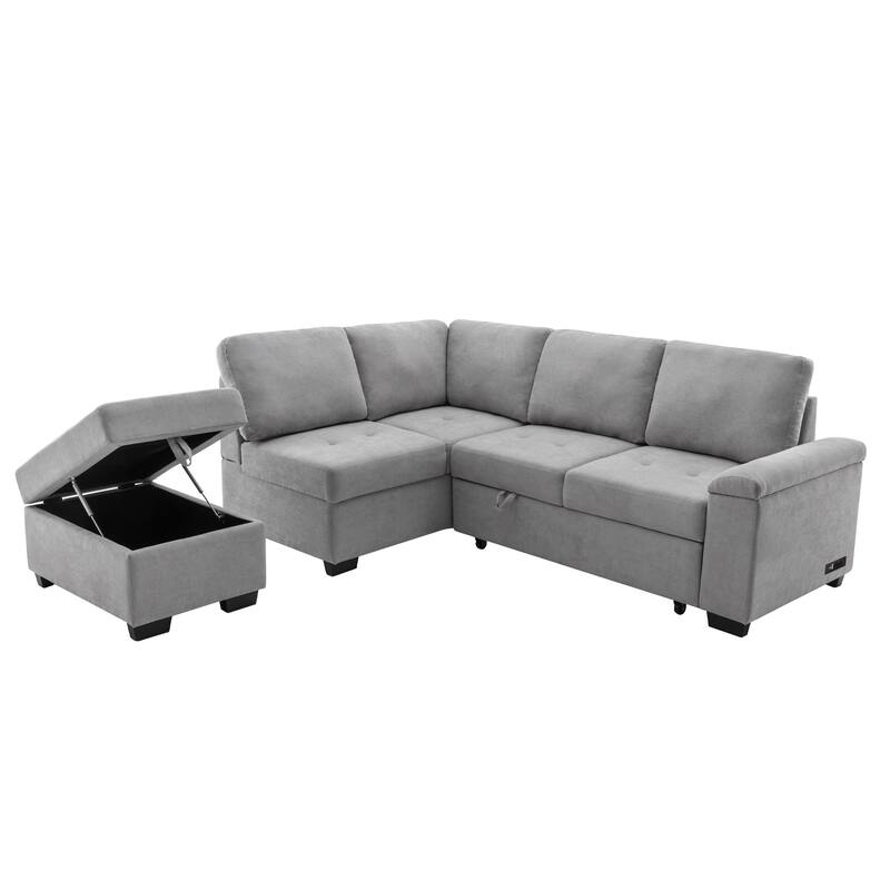 84.75" Velvet L-Shaped Sectional Sofa with Storage Ottoman, USB & Hidden Storage