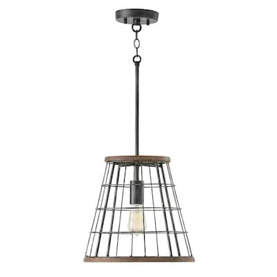 1-light Cage Pendant in Zinc w/ Mango Wood Accents