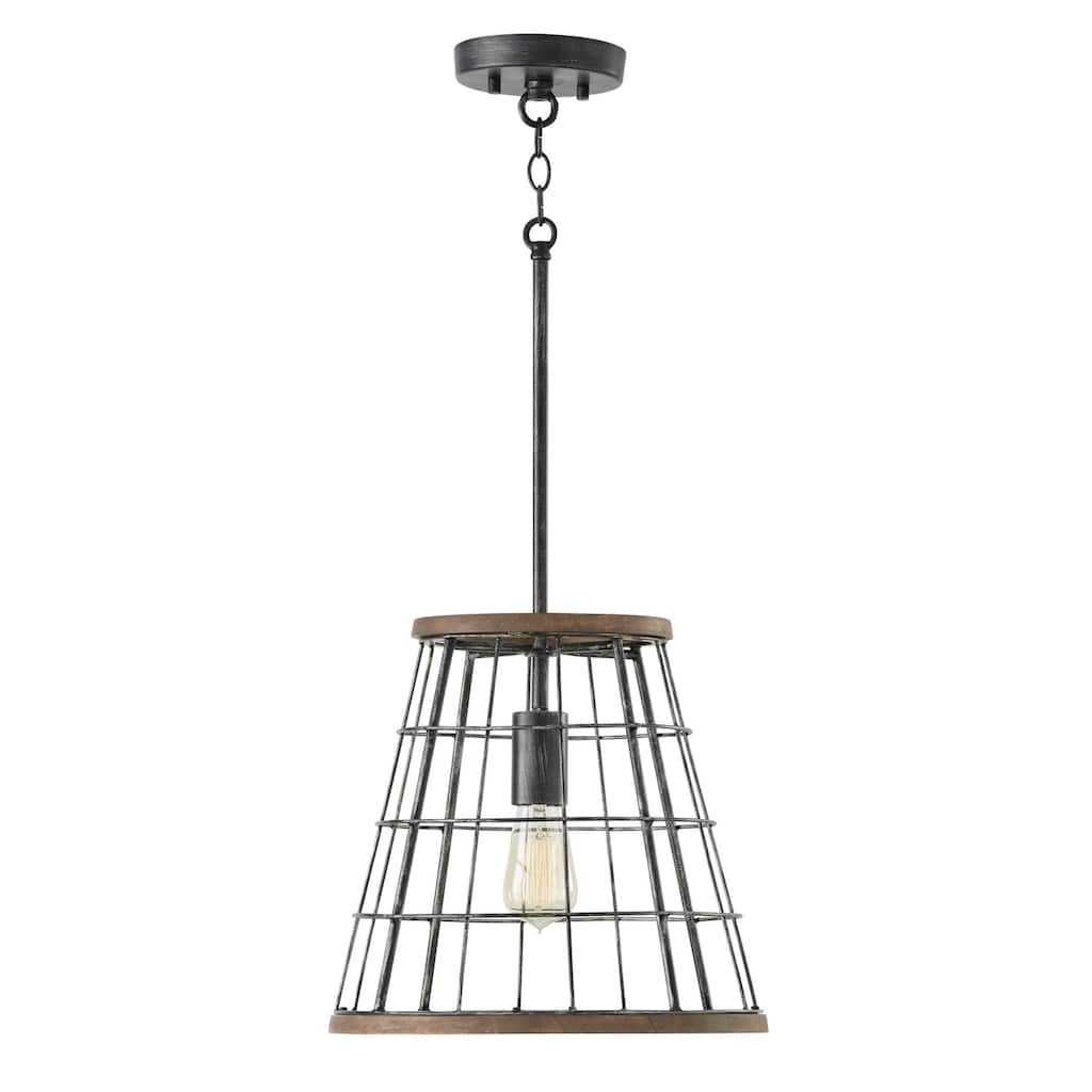 1-light Cage Pendant in Zinc w/ Mango Wood Accents