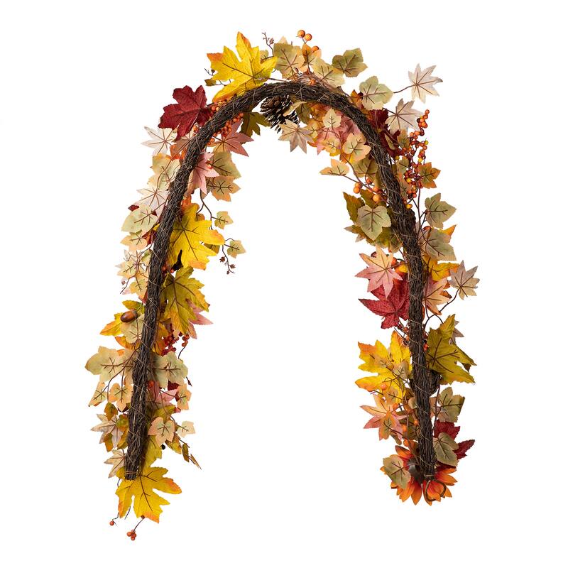Glitzhome Fall Harvest Sunflower Maple Leaf Berry Garland Swag Wreath