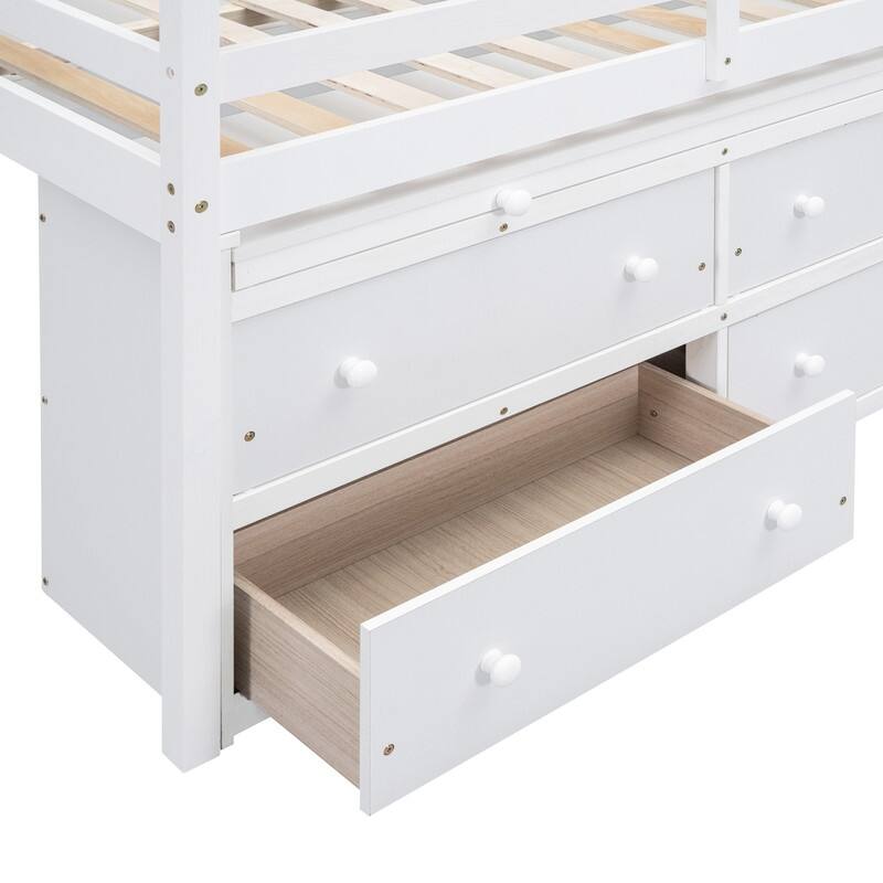 Twin/Full Size Low Loft Bed with Retractable Writing Desk and 4 Drawers, Wooden Loft Bedframe w/ Lateral Portable Desk & Shelves