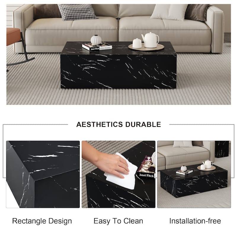 Roomfitters Black Marble MDF Coffee Table, 39.3"x23.6"x11.8" Modern Rectangular Accent Table for Living Room