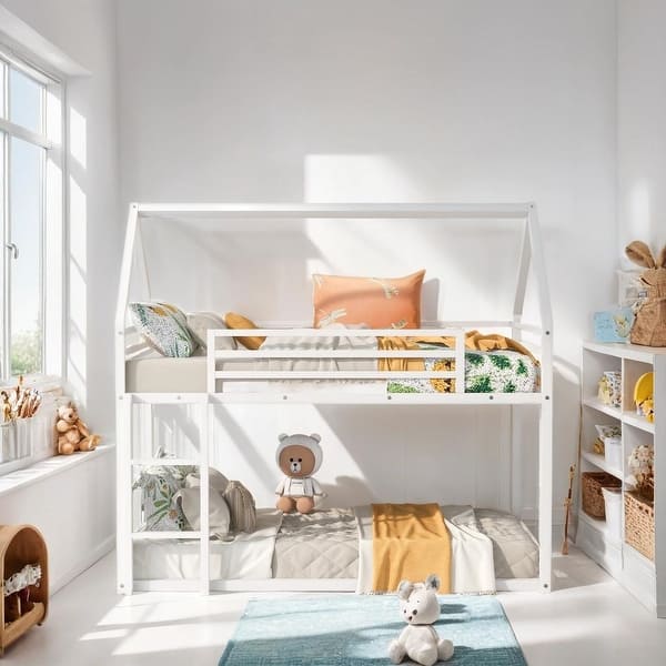 slide 2 of 12, Twin over Twin Bunk Bed with Built-in Ladder, House-shaped Bed wtih Safety Guardrail, Kid's Friendly Style, White Modern White