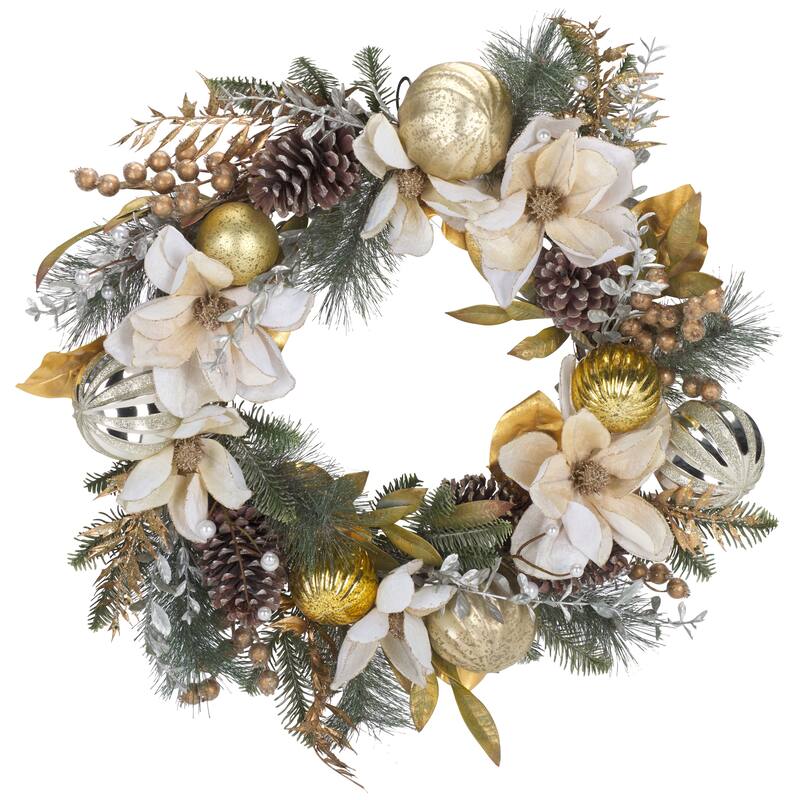 SAFAVIEH Home Faux 28-inch Needle Pine Wreath With White Poinsettias & Gold Accents