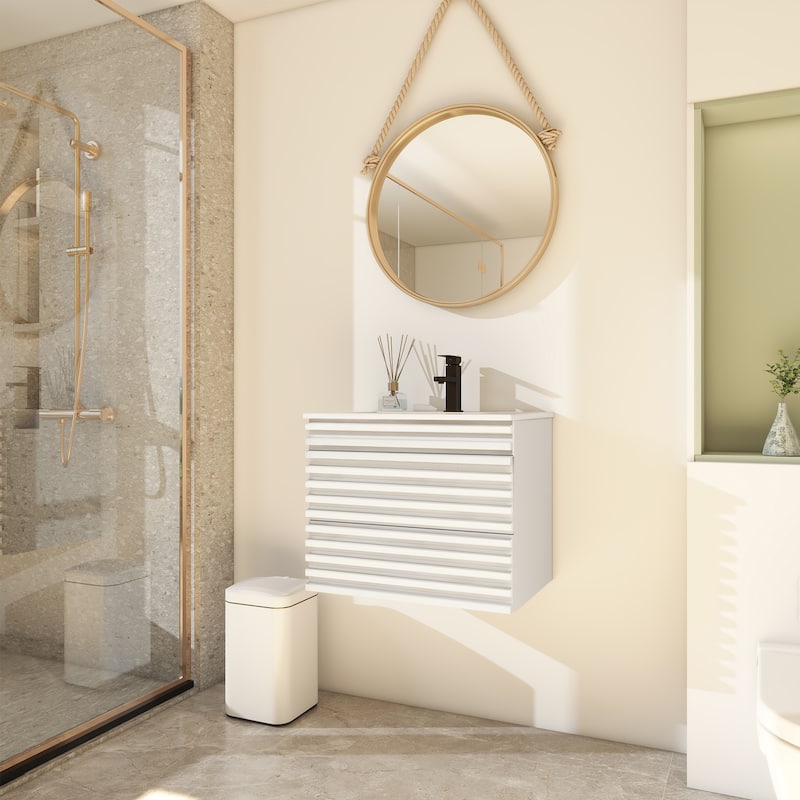 Wall Mounted Bathroom Vanity Set W/ Drop in Sink Mid-Century Cabinet Set - 24" - White
