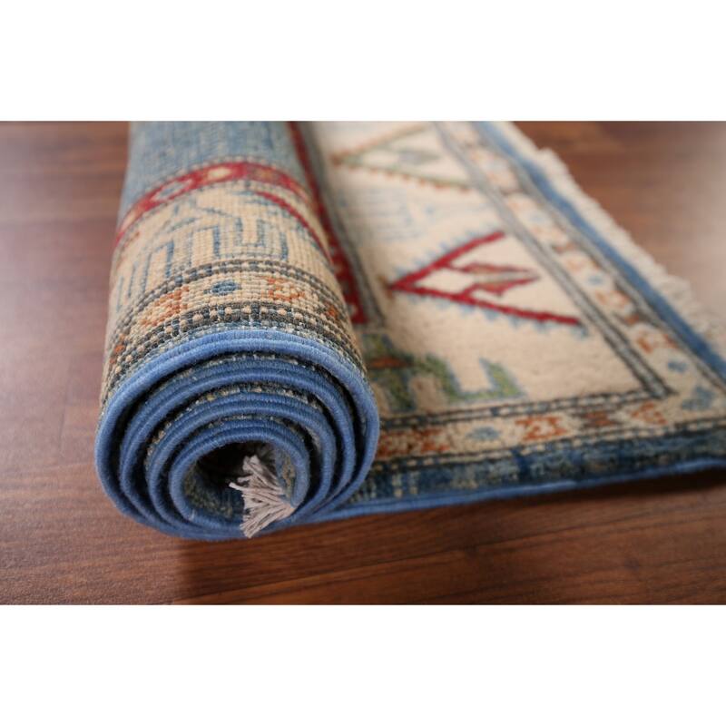Light Blue Kazak Accent Rug Handmade Oriental Wool Carpet - 2'7" x 4'0"