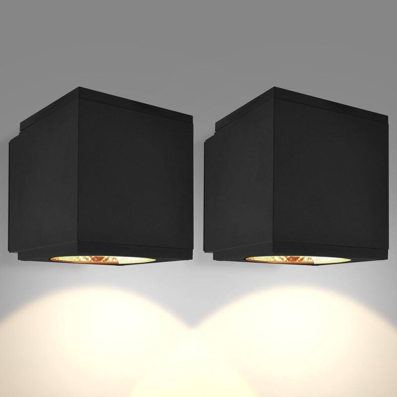 Luxrite LED Outdoor Cube Wall Light, Up or Down Black Wall Sconce, 3CCT 3000K-5000K, 15W, Aluminum, IP65, ETL 2-Pack - 3 Color Selectable 30/40/50