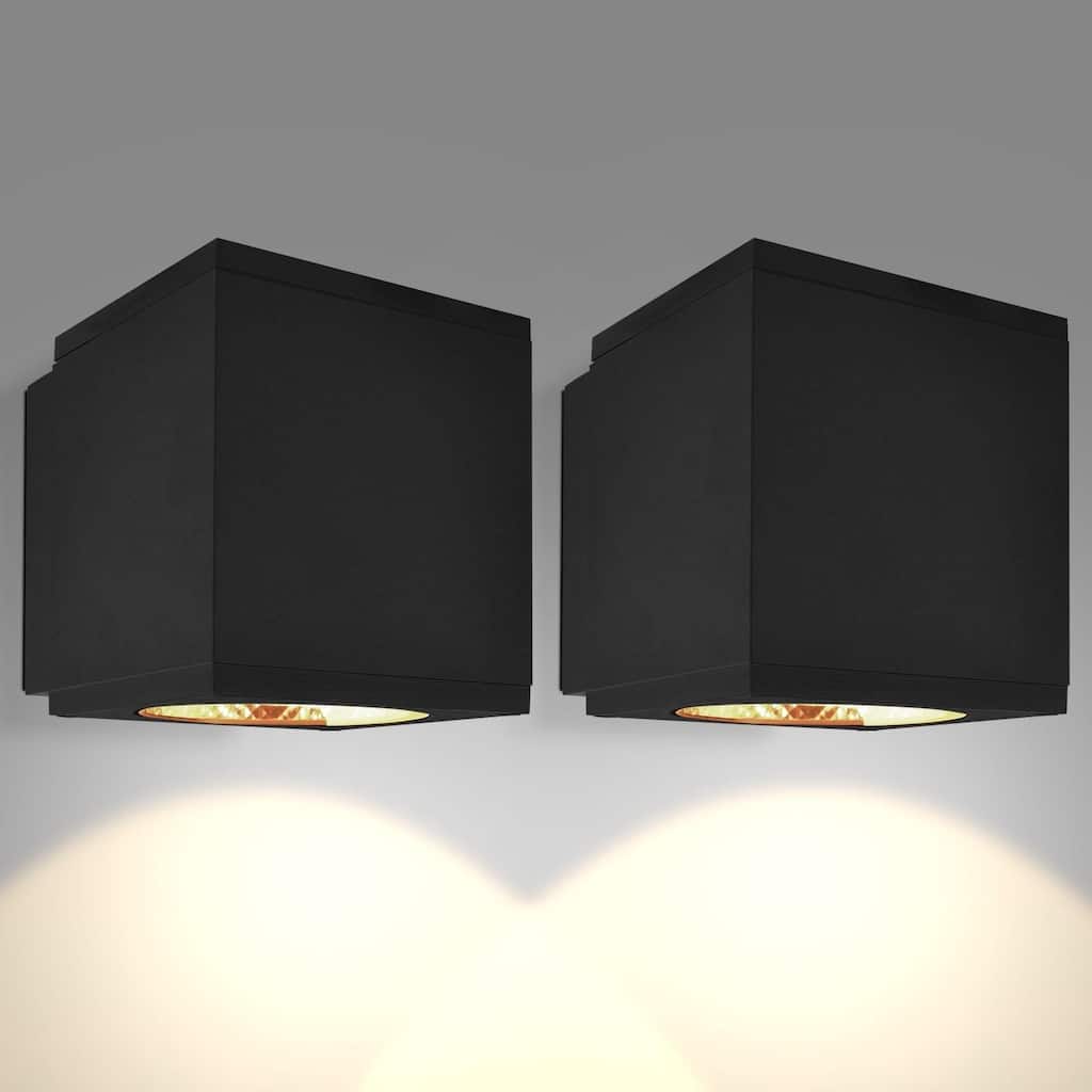 Luxrite LED Outdoor Cube Wall Light, Up or Down Black Wall Sconce, 3CCT 3000K-5000K, 15W, Aluminum, IP65, ETL 2-Pack