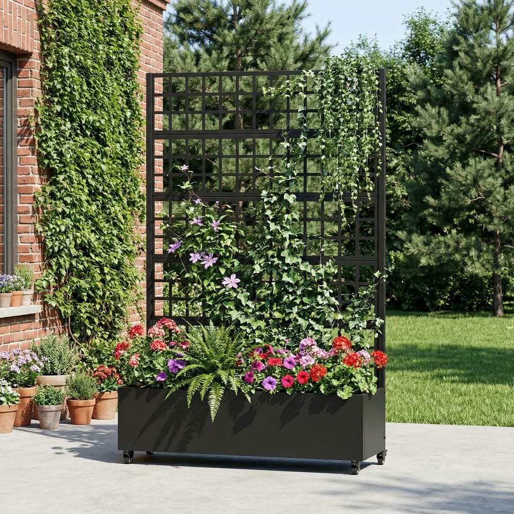Movable Raised Garden Bed with Trellis and Lockable Wheels