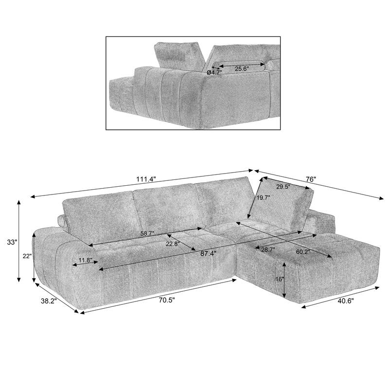 Roomfitters Chenille L-Shaped Sectional Sofa, Oversized Right Chaise Modular Couch, Minimalist Cloud Design for Living Room